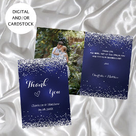 Cartão Marinho azul foto prata obrigado de casamento