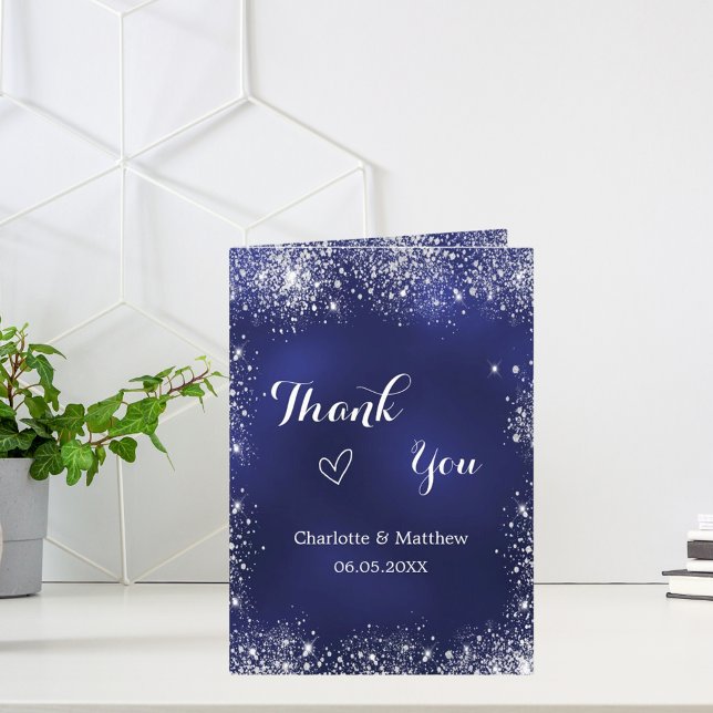 Cartão Marinho azul foto prata qr code obrigado de casame (Criador carregado)