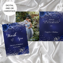 Cartão Marinho azul foto prateada obrigado de casamento f
