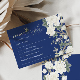 Cartão Marinho Blue Chinoiserie Bird Peony Casamento RSVP