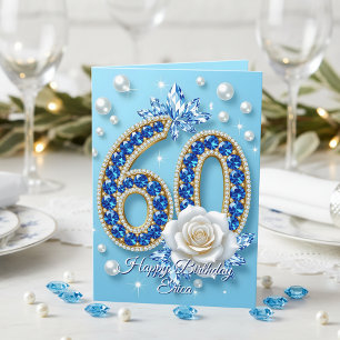 Cartão Marinho Blue Gems White Rose and Pearls 60º aniver