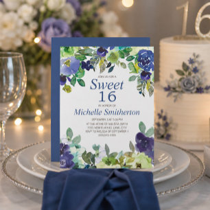 Cartão Marinho Blue Sage Green Floral Sweet 16 Aniversári
