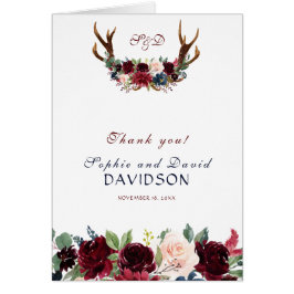 Cartão Marinho Boho Merlot Blue Floral Antlers Obrigado