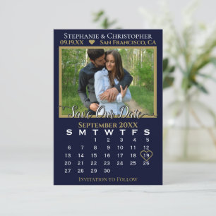 Cartão Marinho de Calendário de Fotos e Casamento Dourad