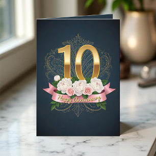 Cartão Marinho Peony Rosa Ribbon 10º Aniversário de Casam