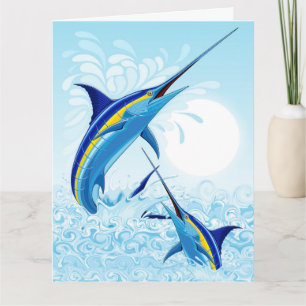 Cartão Marlin Azul Saltando do Oceano