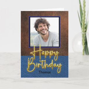 Cartão Marrom Rústico e Azul couro Script Dourado Anivers