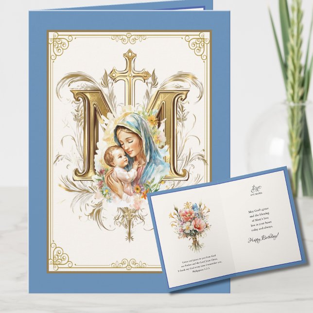 Cartão Mary Jesus Escritura Floral Azul Dourada (Criador carregado)