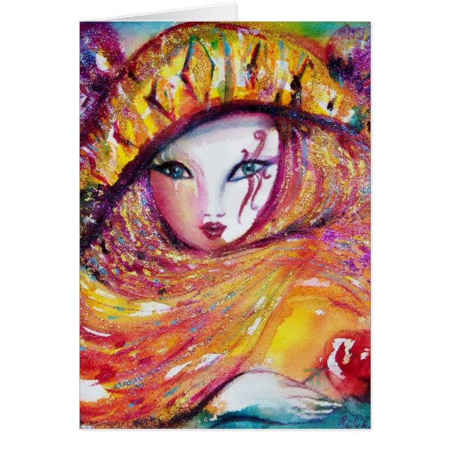 CARTÃO MÁSCARA CARNIVAL AMARELO COM ROSA VERMELHA (Frente)