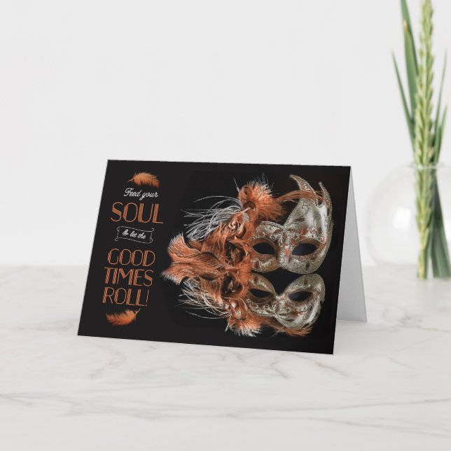 Cartão Máscara de Carnaval de Mardi Gras com Penas de Bro (Frente)