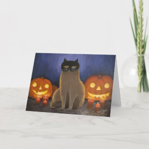 Cartão Máscara de Gato Halloween & Jack-o'-lanterna