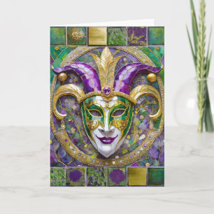 Cartão Máscara de Jester do Mardi Gras Roxa Verde Dourada