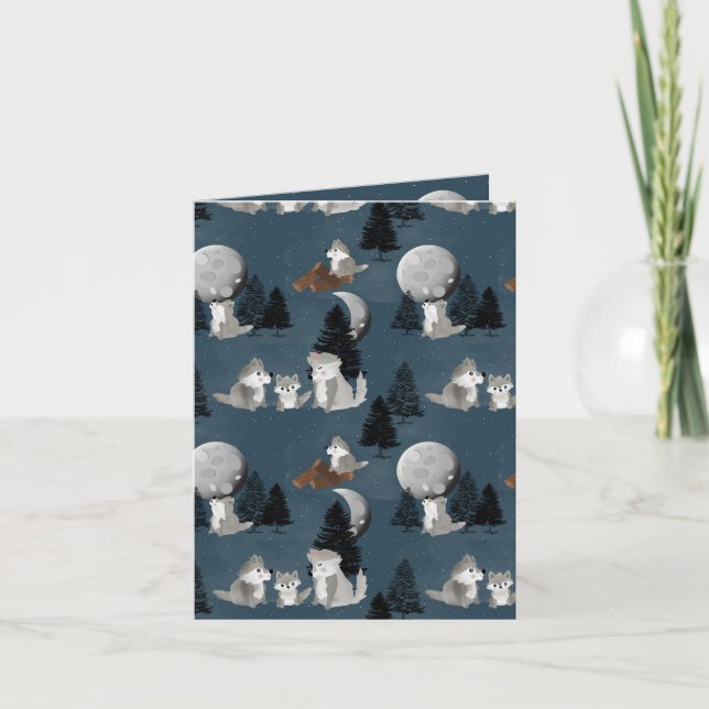 Cartão Matilha de Lobo Fofo Noite Florestal Céu Lua (Frente)