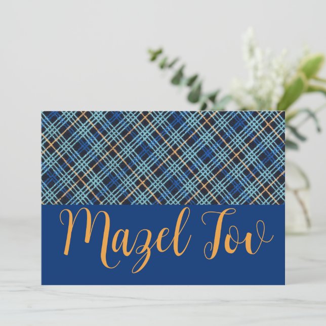 Cartão Mazel Tov Elegante Moderno, Xadrez Azul Dou (Em pé/Frente)