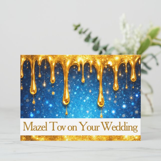 Cartão Mazel Tov para Casamento, Azul com Dourado  (Em pé/Frente)