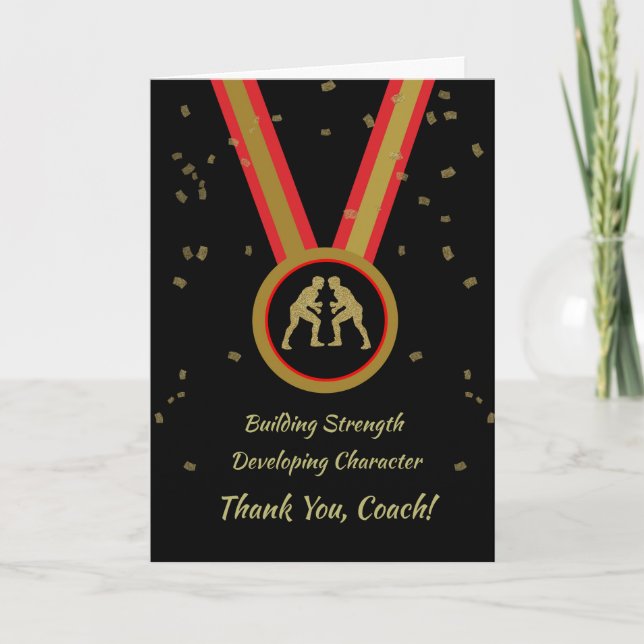 Cartão Medalha obrigado do treinador preto Dourado e verm (Frente)