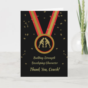 Cartão Medalha obrigado do treinador preto Dourado e verm
