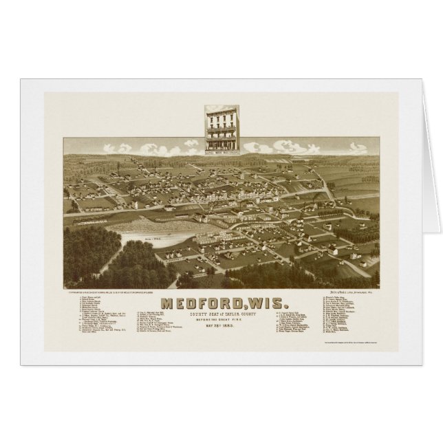 Cartão Medford, mapa panorâmico dos WI - 1885 (Frente Horizontal)