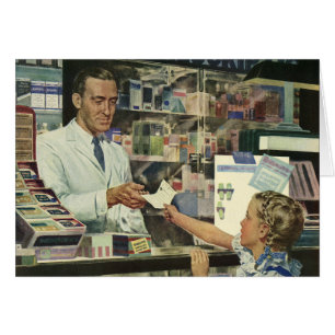 Cartão Medicina Antiga, Farmacêutico e Menina na Farmácia
