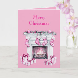 Cartão Meia de Natal Pink Glam na Lareira