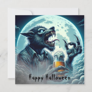 Cartão Meia Feliz Halloween Lobisomem Bebendo Uma Cerveja