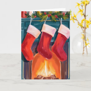 Cartão Meias de Natal Vermelhas Lareira Aquarela