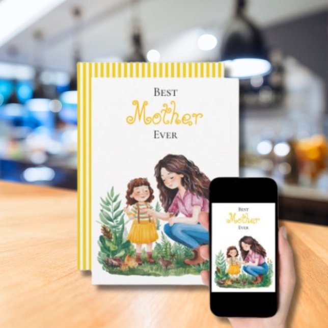 Cartão Melhor Mãe do Mundo Mãe Criança no Jardim Arte Des (Criador carregado)