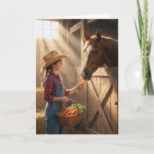 Cartão Menina aniversariante alimentando um cavalo com ce