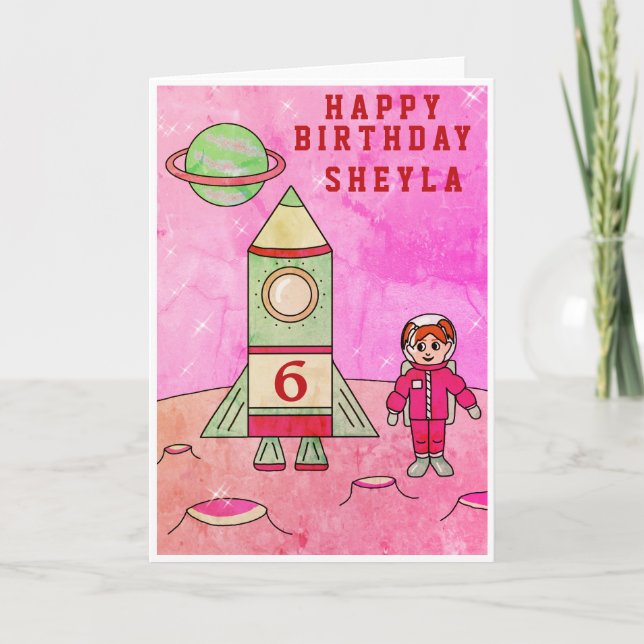 Cartão Menina Astronauta Lua no Espaço Feliz Aniversário  (Frente)