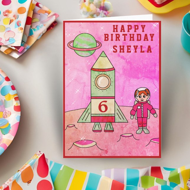 Cartão Menina Astronauta Lua no Espaço Feliz Aniversário  (Criador carregado)