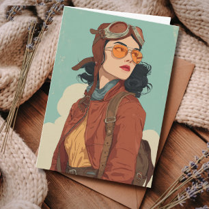 Cartão Menina Aviadora Vintage Retro Aniversário Viagem