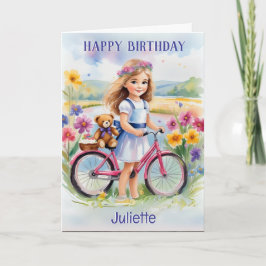 Cartão Menina Bicicleta Flores Ursinho Bonito Feliz Anive
