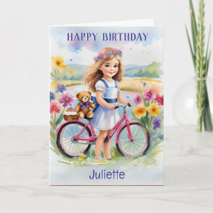 Cartão Menina Bicicleta Flores Ursinho Bonito Feliz Anive