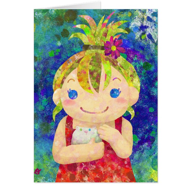 Cartão menina bonito & porco branco do gunia (Frente)