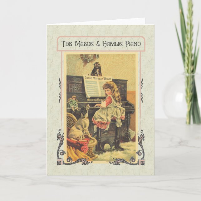 Cartão Menina brincando de piano com cão (Frente)
