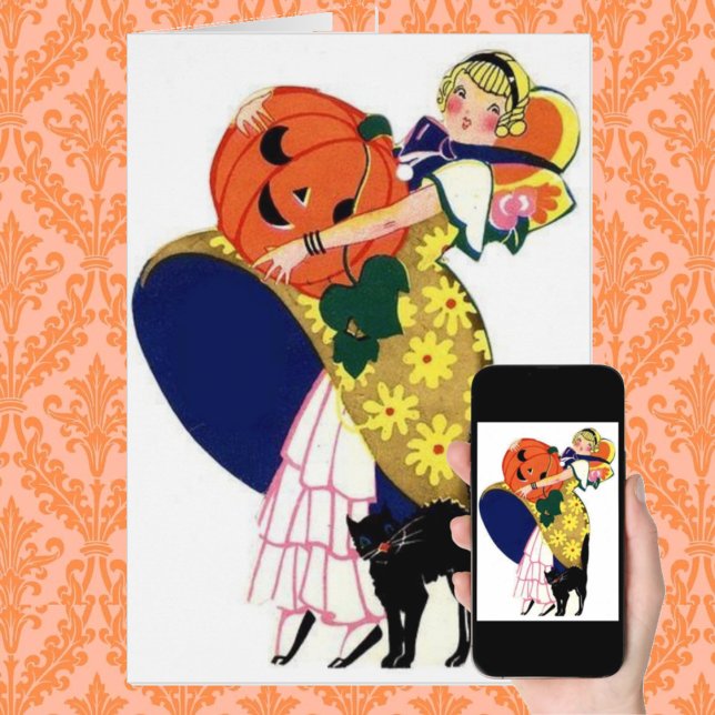 Cartão Menina Carregando Abóbora com Gato Preto (Criador carregado)