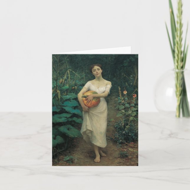 Cartão Menina carregando uma abóbora (Frente)