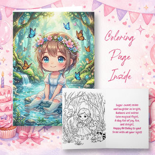 Cartão Menina Chibi na Floresta Encantada de Aniversário