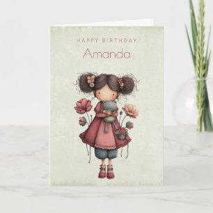 Cartão Menina com Boneca de Sapo Fofo Aniversário Caprich