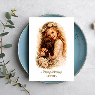 Cartão Menina Com Cachorrinho Labrador Chocolate
