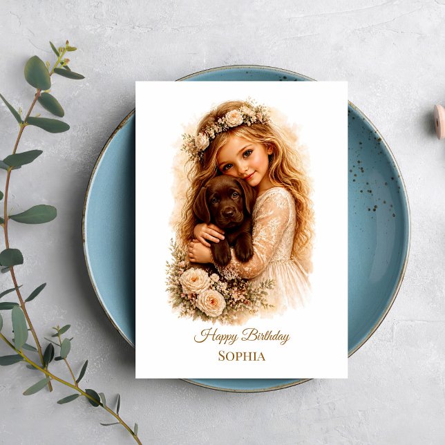 Cartão Menina Com Cachorrinho Labrador Chocolate (Criador carregado)