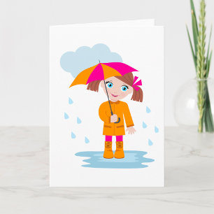Cartão Menina com Guarda-chuva na Chuva Dia Chuvoso Infan