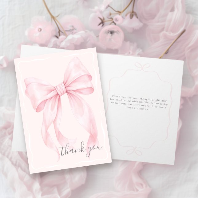 Cartão Menina com Laço Rosa Chaveirinho de Chás de Bebê O (Pink Bow Baby Shower Thank You Card)