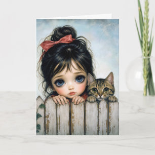 Cartão Menina com Olhos Grandes e Gato de Estimação
