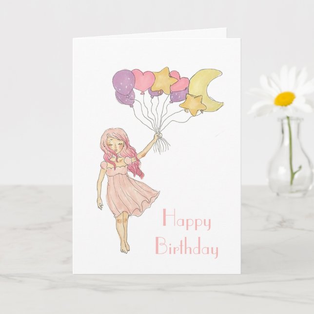 Cartão Menina Coração Roxo Estrelas Lua Balões Aniversári (Planta pequena)