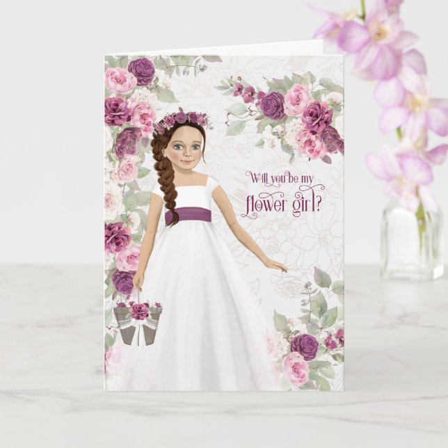 Cartão Menina das Flores com Ranúnculo Roxo (Orquídea)