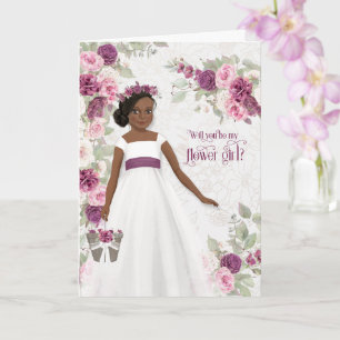 Cartão Menina das Flores Pele Morena com Floral Ameixa