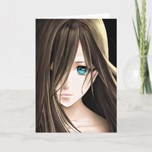 Cartão Menina de Animação Azul de Cabelo Castanho