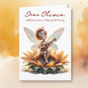 Cartão Menina de Animação Bonita com Ukulele no Aniversár