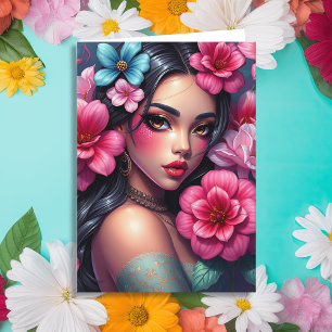 Cartão Menina de animação hispânica   Pensando em você